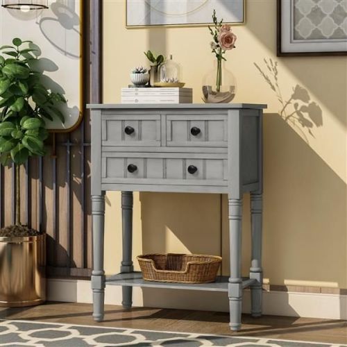 Narrow Console Table, Slim Sofa Table with Three Storage Drawers and Bottom Shelf for Living Room, Easy Assembly (Gray Wash) Narrow Console Table, Slim Sofa Table with Three Storage Drawers and Bottom Shelf for Living Room, Easy Assembly (Gray Wash)