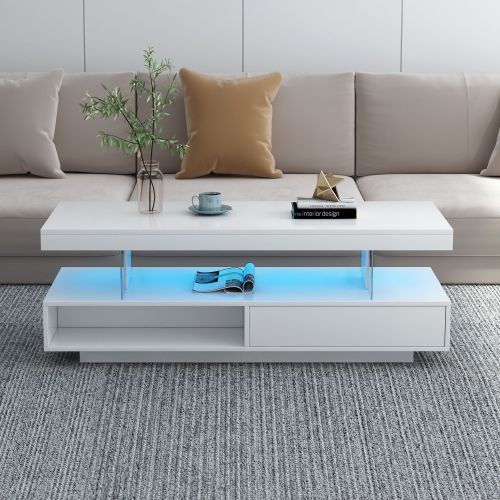 LED Coffee Table with Storage, Modern Center Table with 2 Drawers and Display Shelves, Accent Furniture with LED Lights for Living Room LED Coffee Table with Storage, Modern Center Table with 2 Drawers and Display Shelves, Accent Furniture with LED Lights for Living Room
